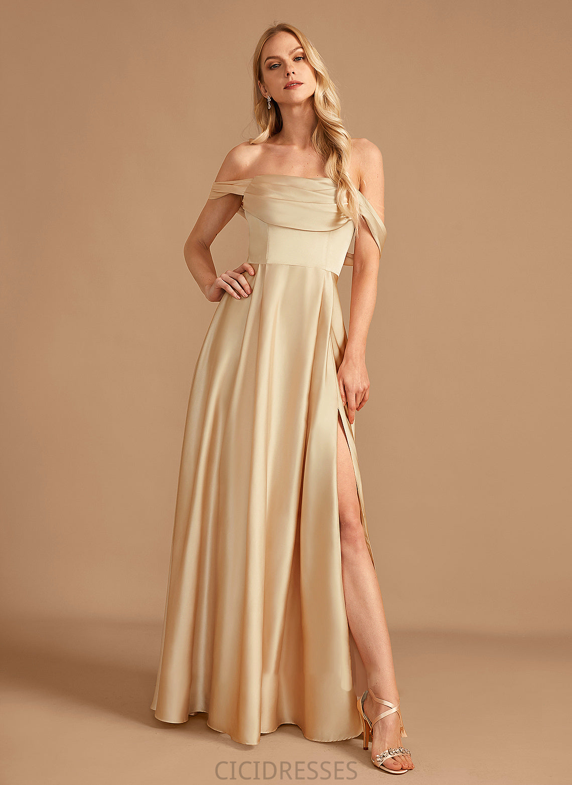 Neckline Off-the-Shoulder SplitFront Pockets A-Line Floor-Length Length Fabric Silhouette Embellishment Rubi Bridesmaid Dresses