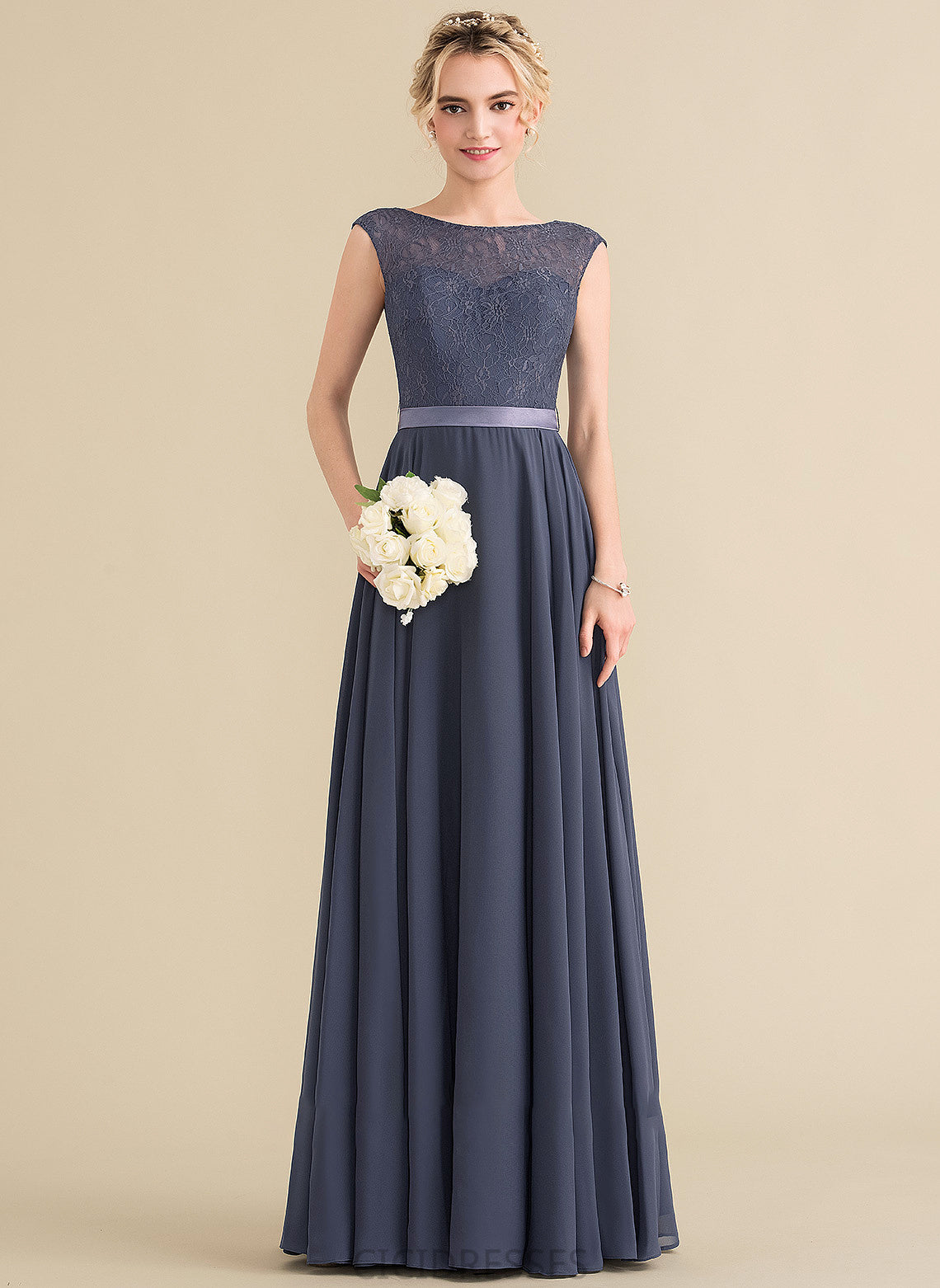 Silhouette Neckline Floor-Length ScoopNeck A-Line Length Bow(s) Embellishment Fabric Delilah Floor Length Sleeveless Bridesmaid Dresses