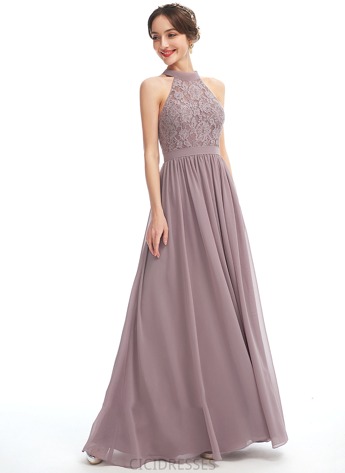 A-Line Fabric Embellishment Neckline Length Floor-Length Silhouette SplitFront Halter Claudia A-Line/Princess Sleeveless Bridesmaid Dresses