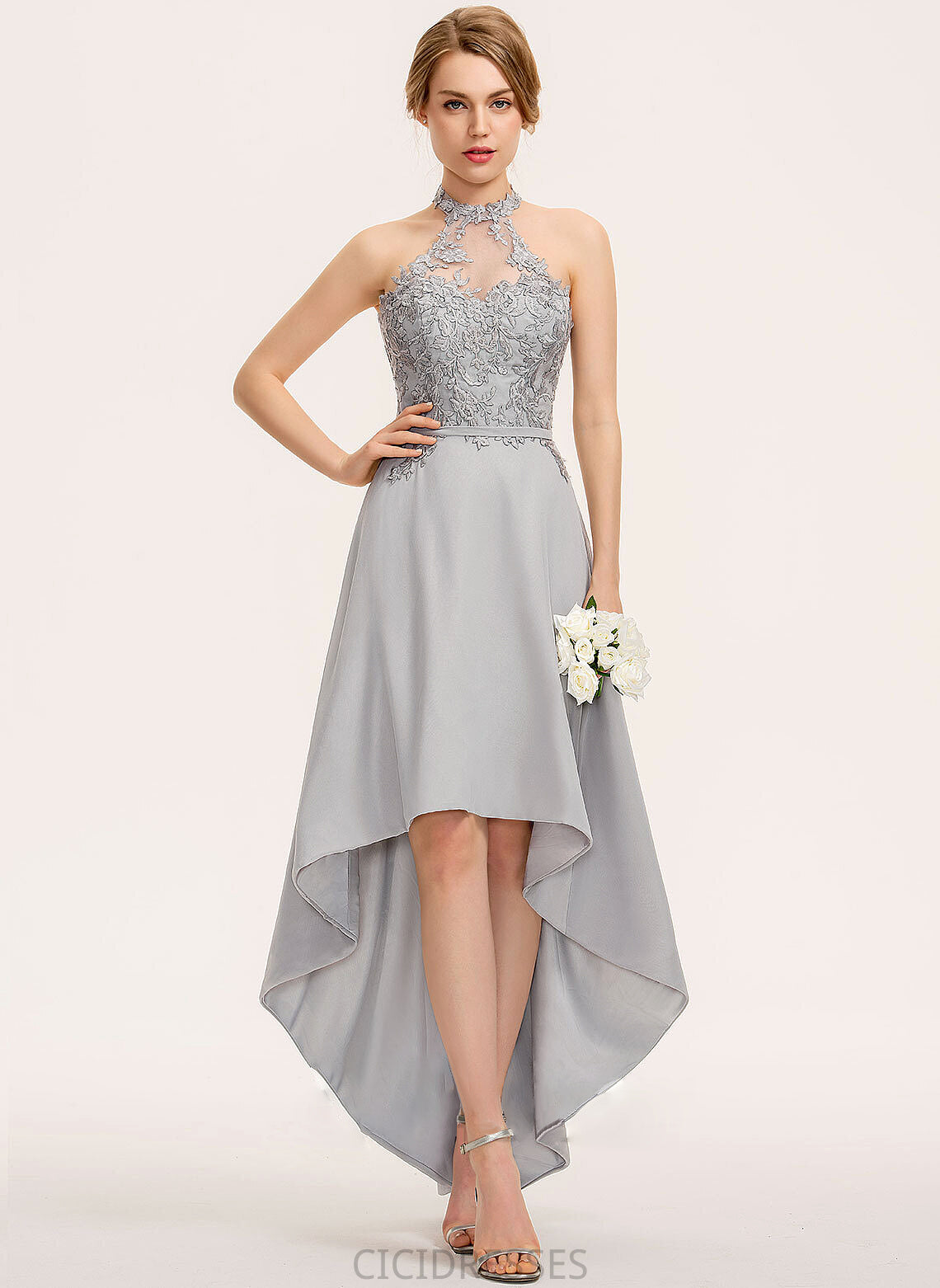 Fabric Asymmetrical Halter Lace A-Line Straps Length Silhouette Neckline Tina Sleeveless Floor Length Bridesmaid Dresses