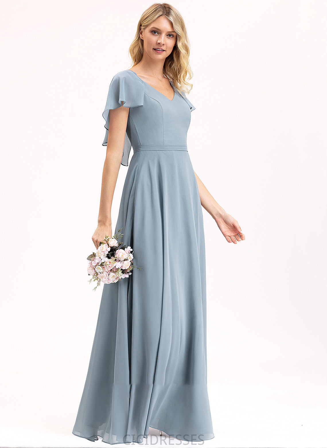 Neckline Embellishment Fabric CascadingRuffles Silhouette V-neck A-Line Length Floor-Length Averie Floor Length Natural Waist Bridesmaid Dresses