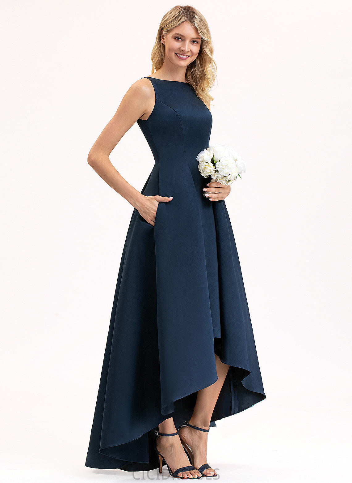 Silhouette A-Line Neckline Pockets ScoopNeck Length Fabric Embellishment Asymmetrical Justine A-Line/Princess Natural Waist Bridesmaid Dresses