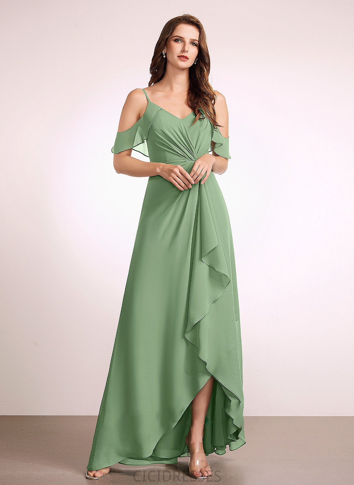 Asymmetrical Length A-Line Neckline Embellishment Fabric Silhouette V-neck SplitFront Areli V-Neck Natural Waist Bridesmaid Dresses