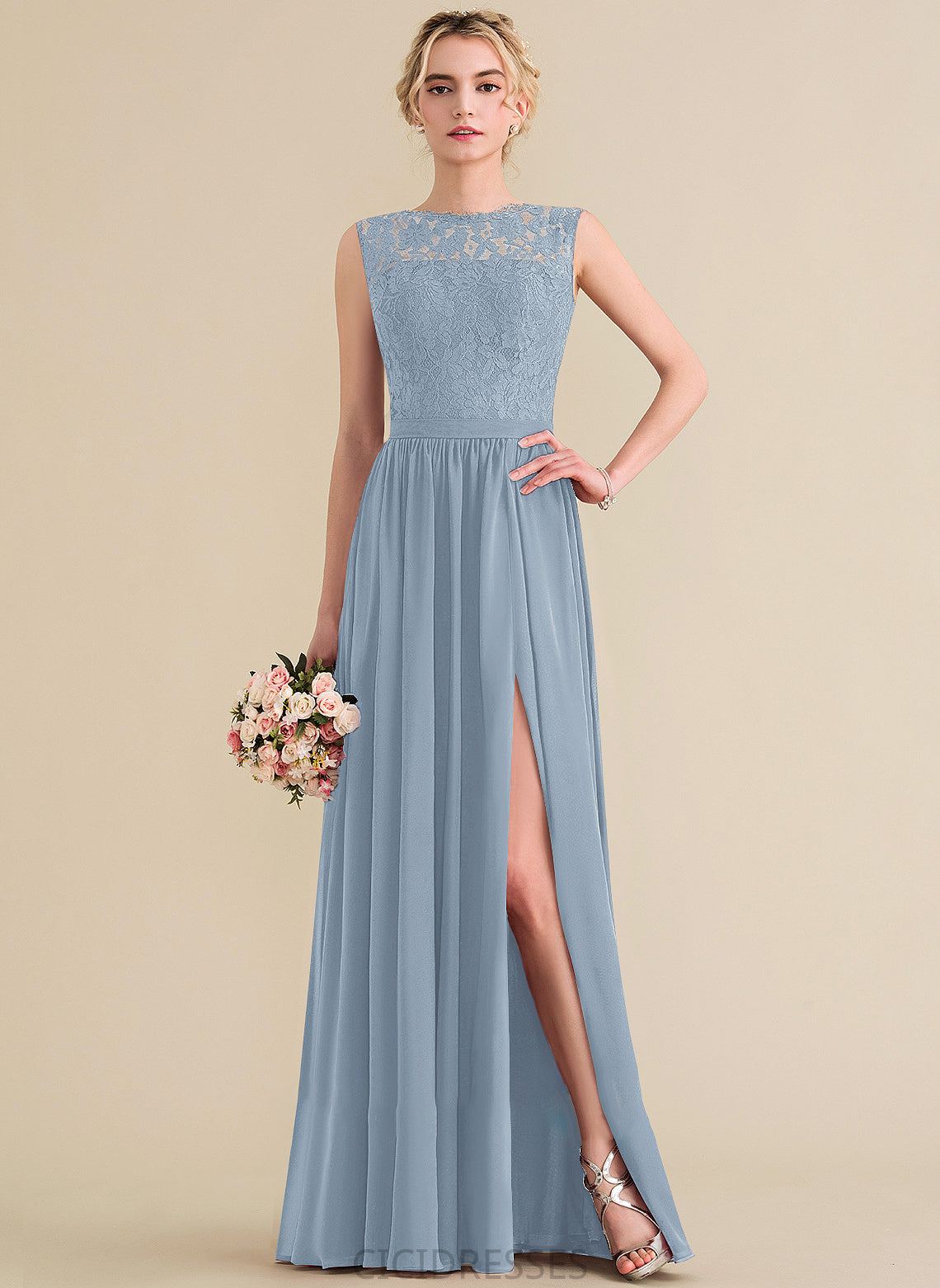 Neckline Fabric ScoopNeck Floor-Length Embellishment SplitFront Length A-Line Silhouette Moriah Natural Waist V-Neck Bridesmaid Dresses