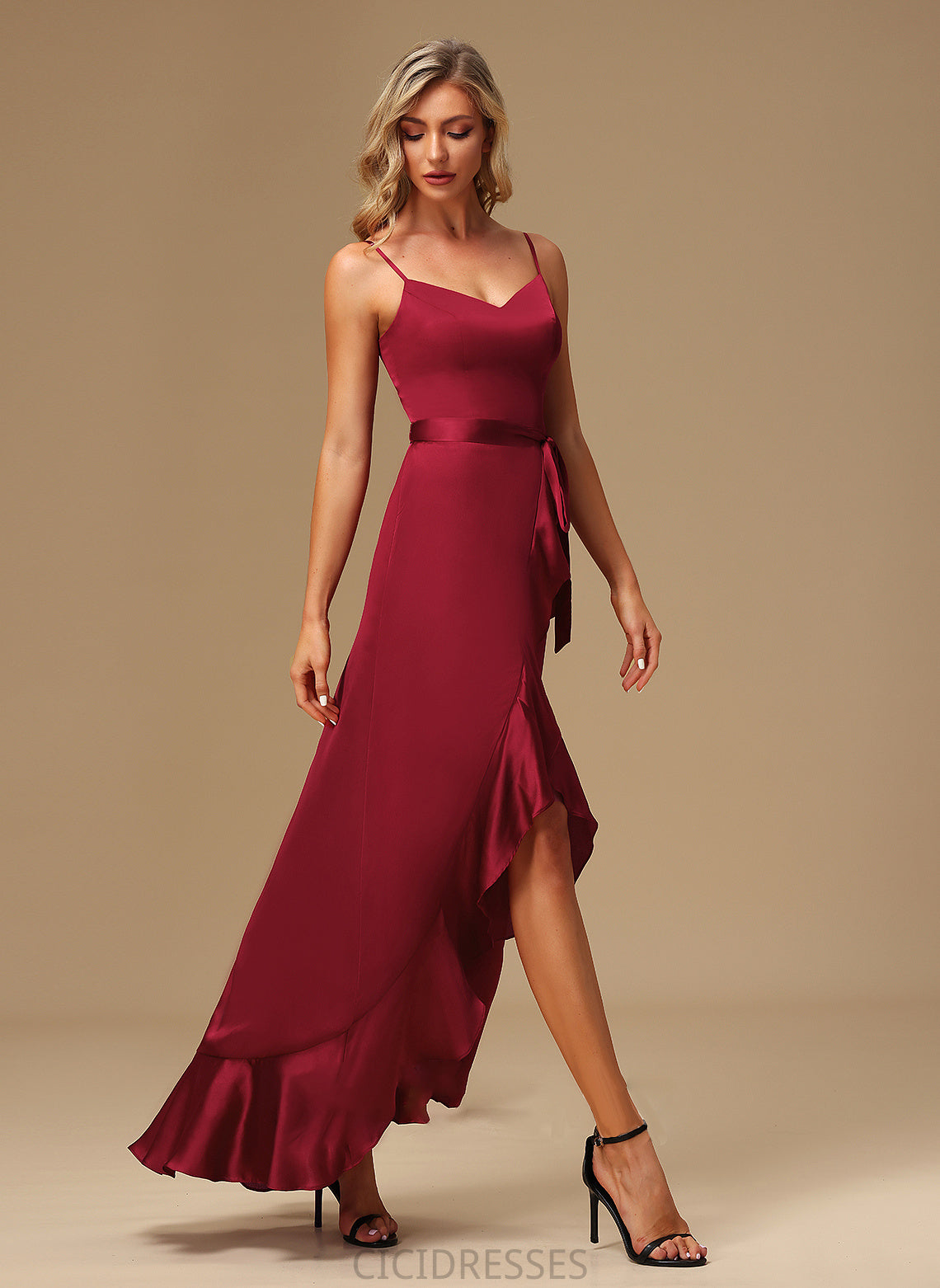 A-Line Length Fabric Embellishment Asymmetrical Neckline V-neck SplitFront Silhouette Annabella Floor Length V-Neck Bridesmaid Dresses