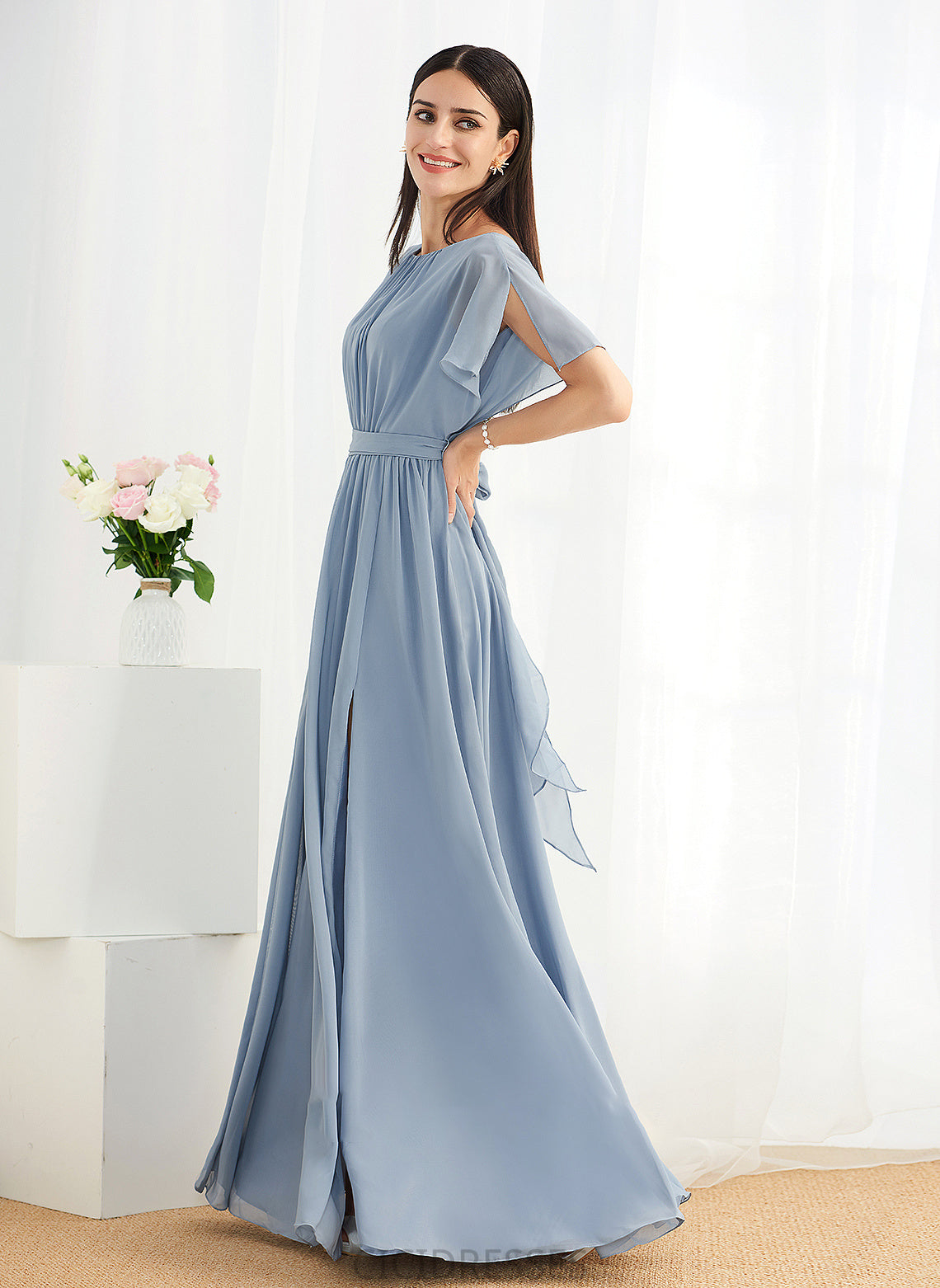 Embellishment SplitFront Fabric Ruffle Straps Floor-Length Length A-Line Silhouette Ingrid Sleeveless Natural Waist Bridesmaid Dresses