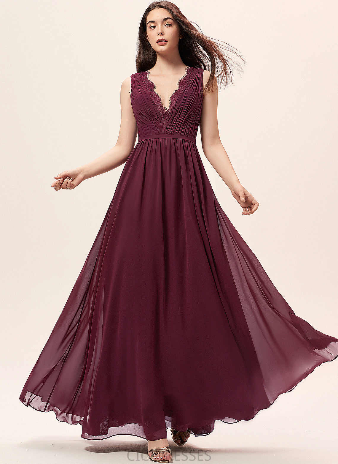 Silhouette Floor-Length Length Embellishment Fabric A-Line V-neck Ruffle Neckline Lace Ryan V-Neck Bridesmaid Dresses