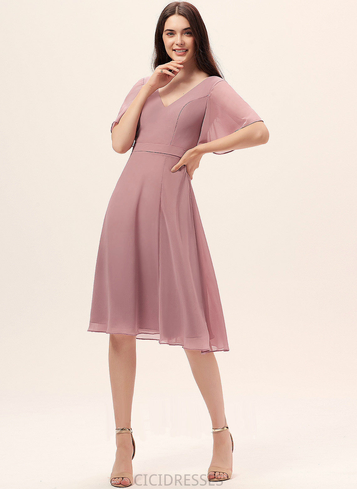 Knee-Length Length Silhouette SplitFront Neckline Fabric V-neck Embellishment A-Line Alissa A-Line/Princess Spaghetti Staps Bridesmaid Dresses