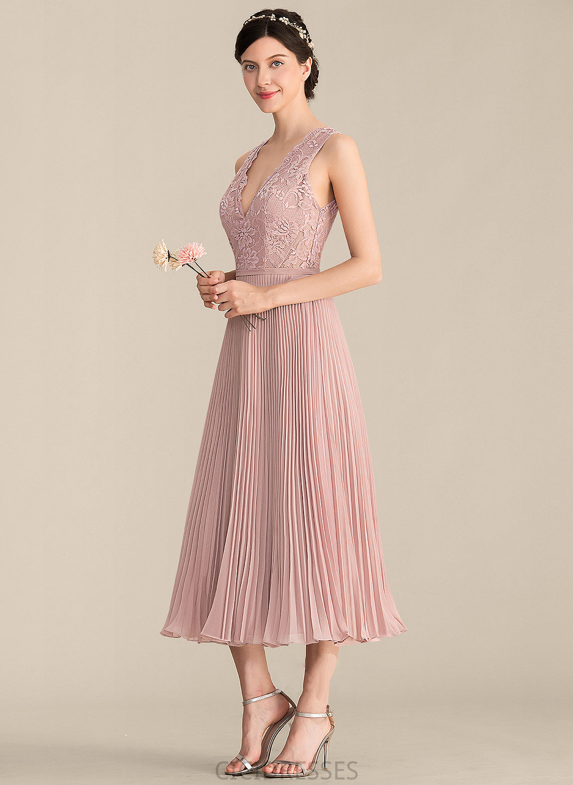 Length Fabric A-Line Neckline Embellishment Silhouette V-neck Tea-Length Pleated Michaela Natural Waist Sleeveless Bridesmaid Dresses