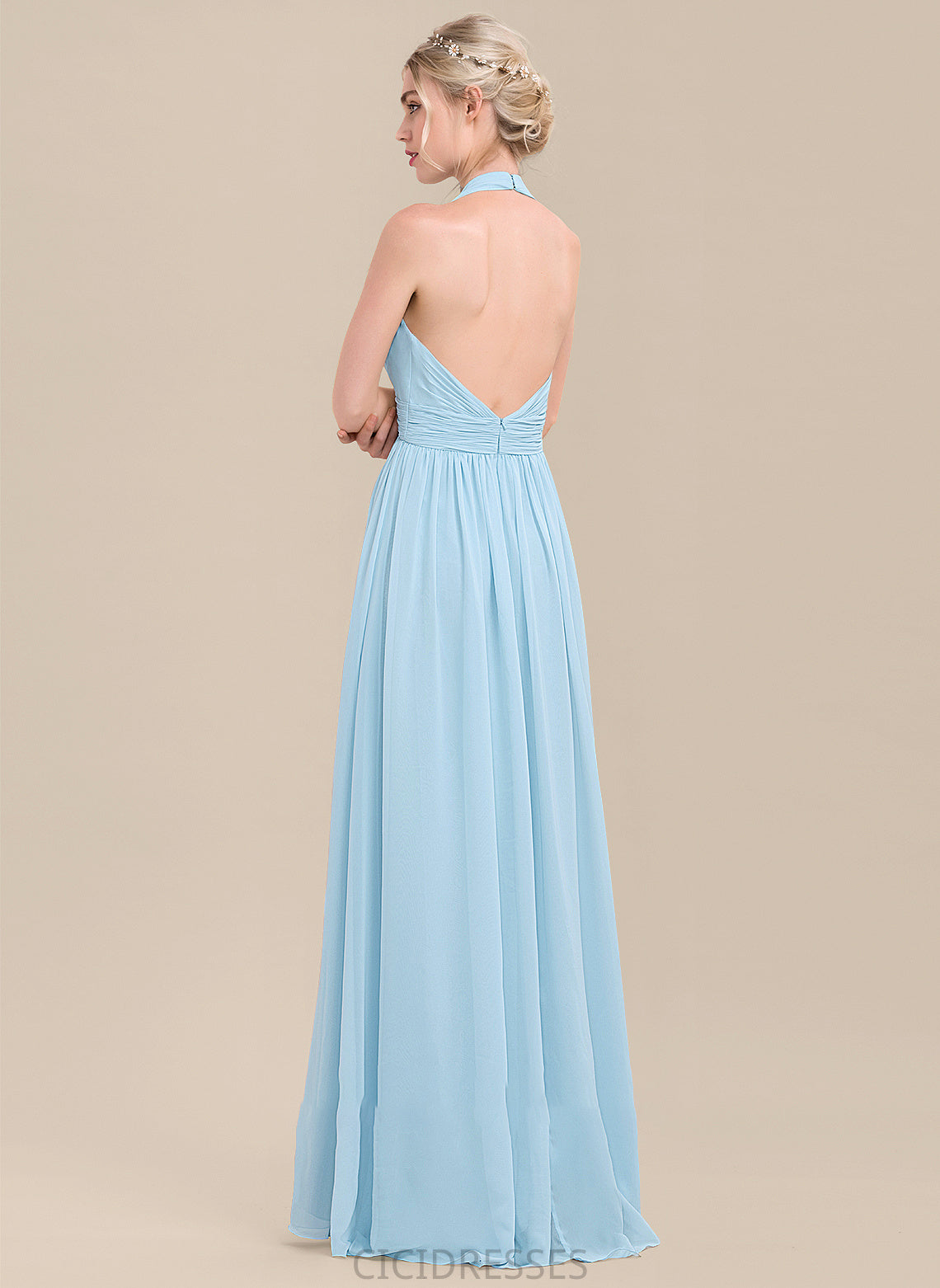 Floor-Length A-Line Embellishment Silhouette Length Halter Neckline Ruffle Fabric Gemma Natural Waist Sleeveless Bridesmaid Dresses