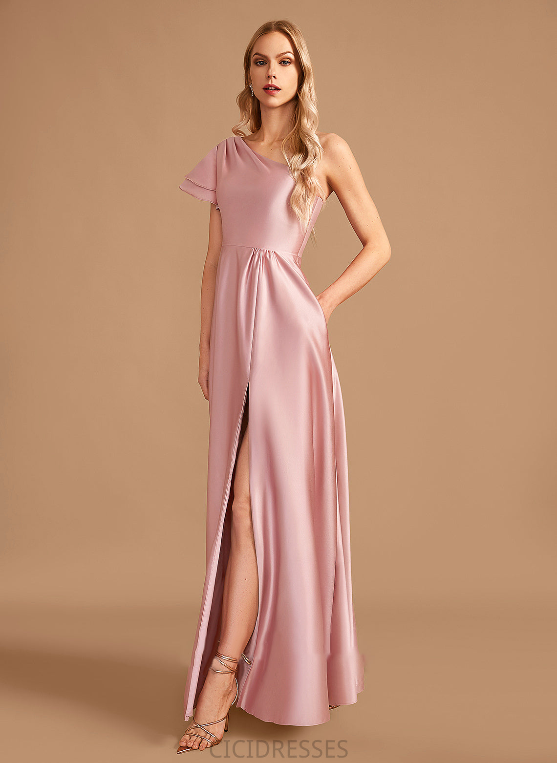 SplitFront Neckline Fabric A-Line One-Shoulder Floor-Length Length Embellishment Silhouette Jaylyn A-Line/Princess V-Neck Bridesmaid Dresses