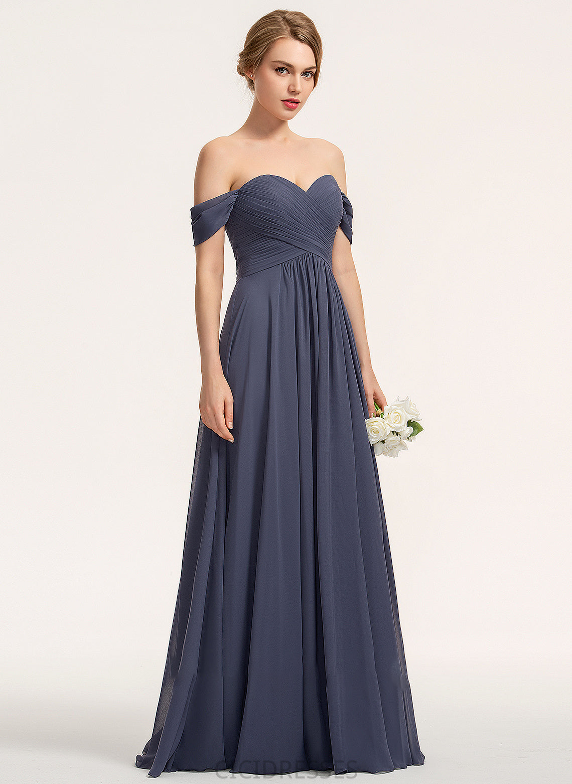 Fabric Off-the-Shoulder Silhouette Ruffle Neckline A-Line Floor-Length Length Embellishment Lorna Natural Waist Spaghetti Staps Bridesmaid Dresses