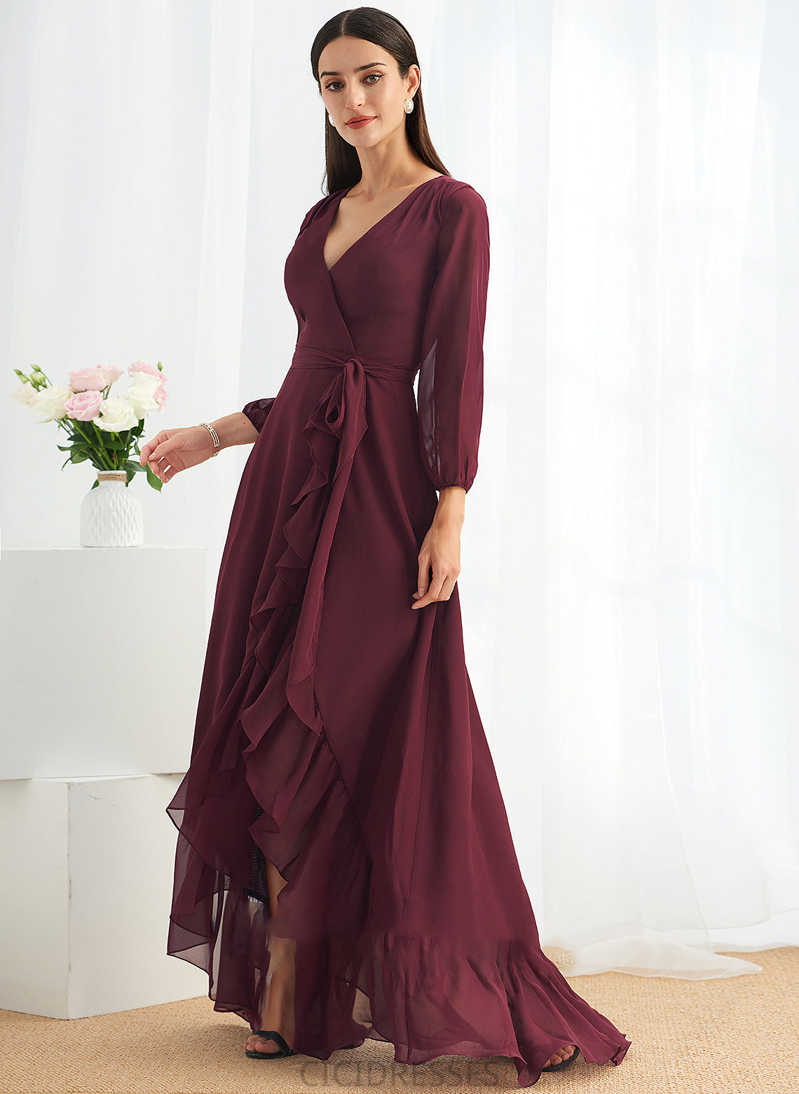 Silhouette A-Line Ruffle Embellishment Asymmetrical SplitFront V-neck Fabric Length Neckline Zion Floor Length Bridesmaid Dresses