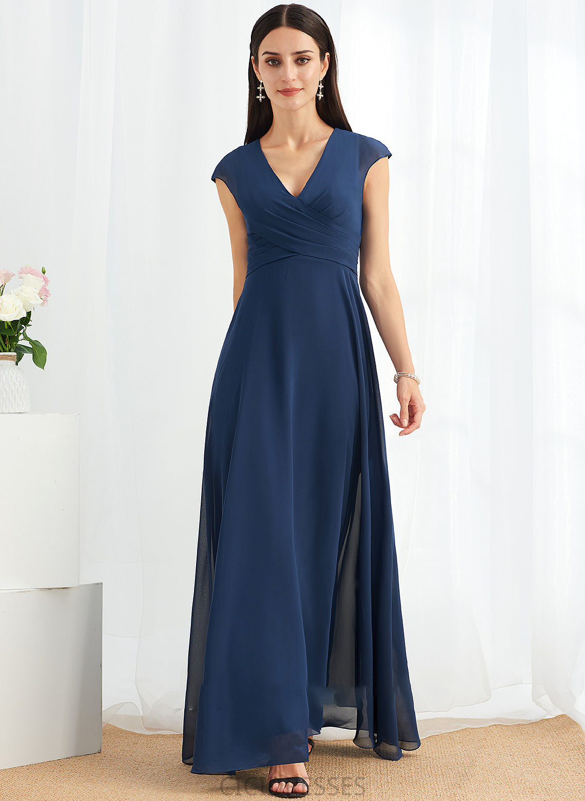 Silhouette A-Line Fabric Floor-Length Neckline Ruffle Embellishment Length V-neck Elizabeth Floor Length Sleeveless Bridesmaid Dresses