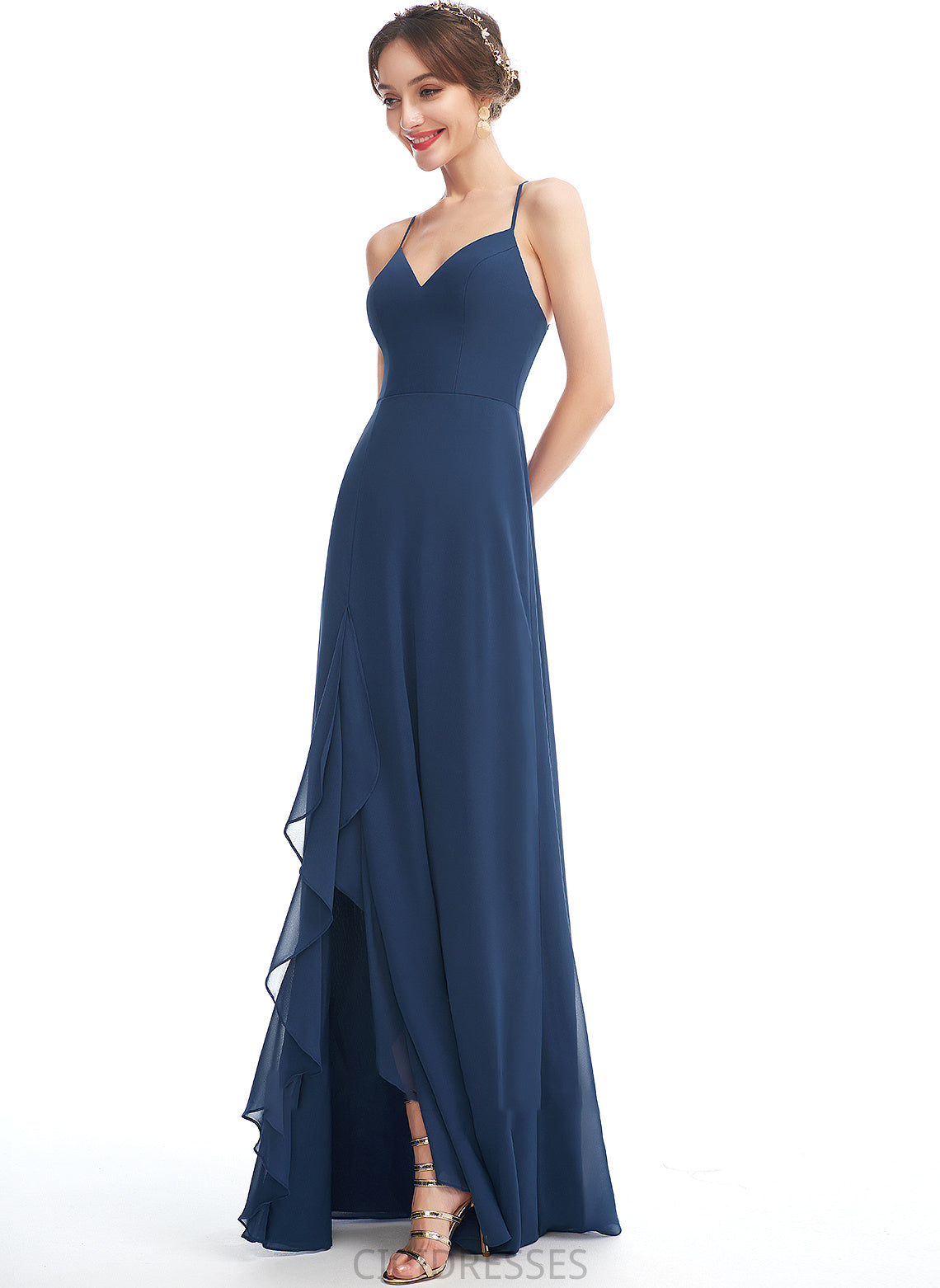 A-Line Embellishment V-neck Floor-Length Length Silhouette Fabric Neckline Ruffle SplitFront Kendall A-Line/Princess Bridesmaid Dresses