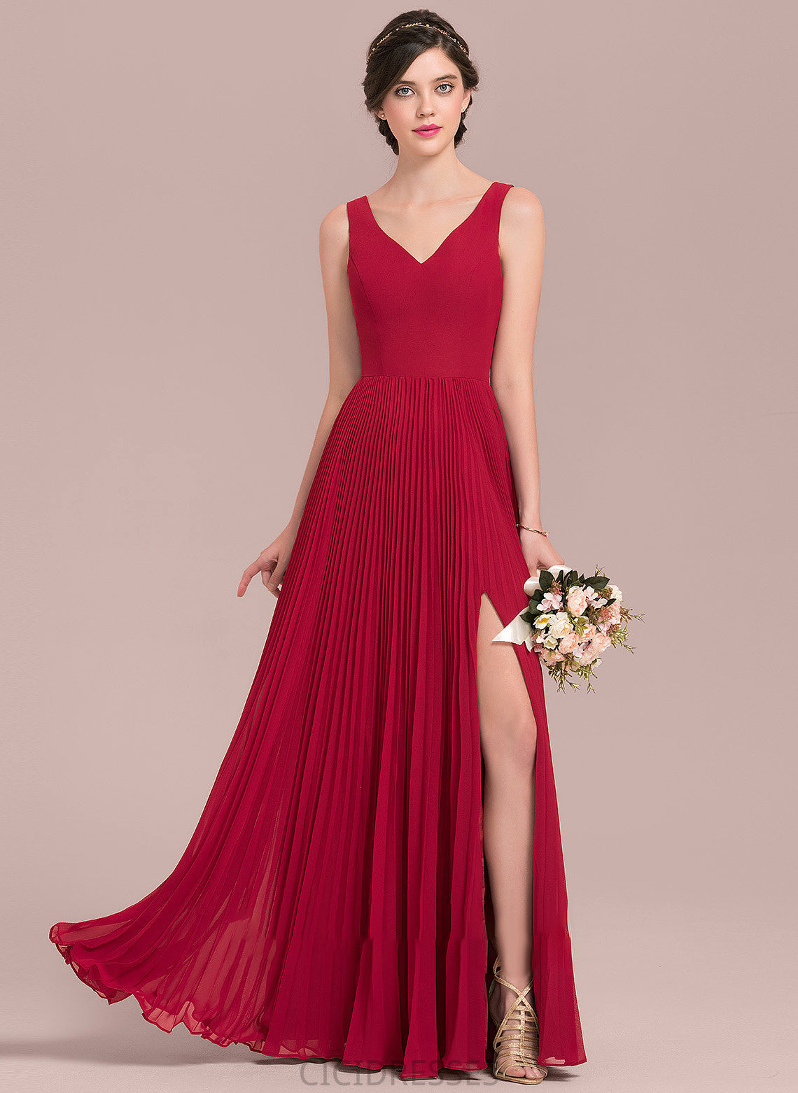 Pleated Neckline Length Silhouette Floor-Length Embellishment V-neck Fabric A-Line SplitFront Alissa Knee Length Bridesmaid Dresses