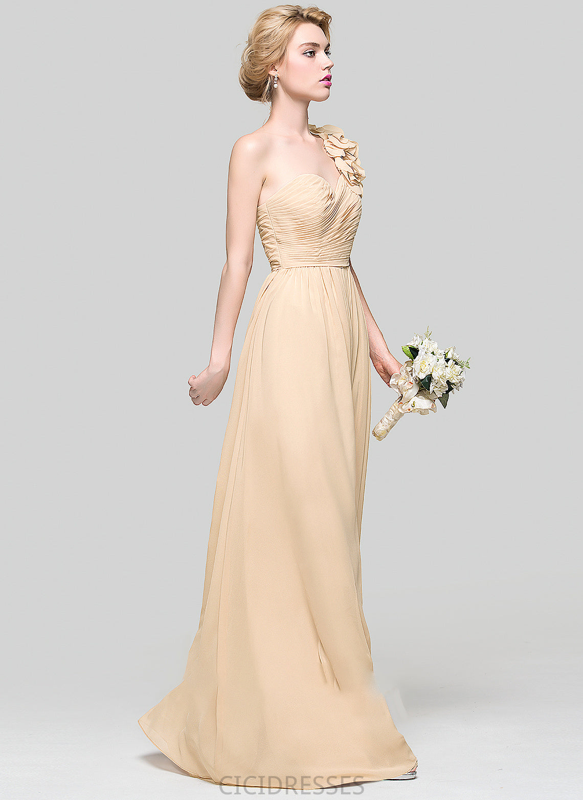 Neckline Length Fabric Ruffle Flower(s) Floor-Length One-Shoulder Silhouette Embellishment A-Line Lainey Natural Waist Bridesmaid Dresses