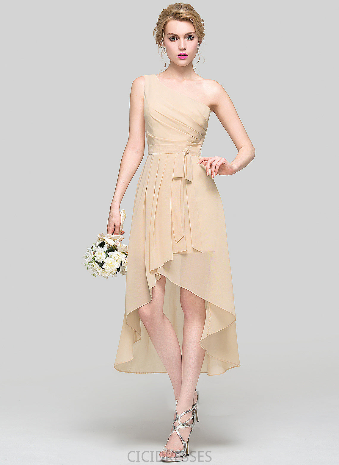 One-Shoulder Asymmetrical Length Bow(s) Ruffle Neckline Fabric CascadingRuffles A-Line Embellishment Silhouette Miriam Bridesmaid Dresses