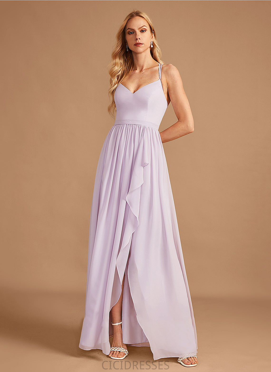 SplitFront Silhouette Asymmetrical Length Ruffle V-neck Embellishment Fabric Neckline A-Line Dakota Natural Waist Bridesmaid Dresses