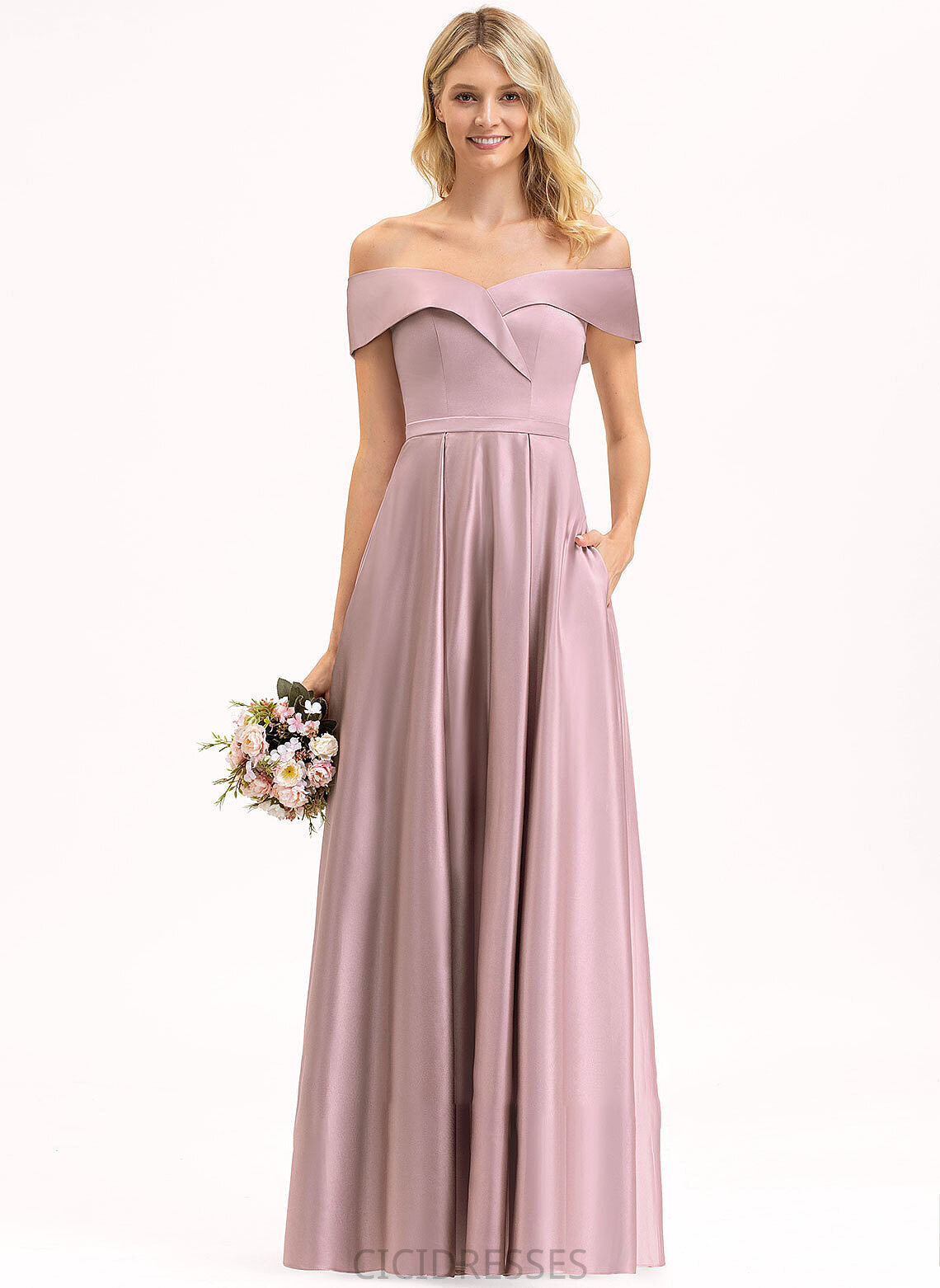 Neckline Embellishment A-Line Fabric Floor-Length Length Off-the-Shoulder Pockets Silhouette Addison Sleeveless Floor Length Bridesmaid Dresses