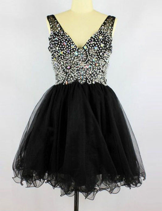 A-Line Deep V-Neck Sleeveless Short Black Beading Homecoming Dress