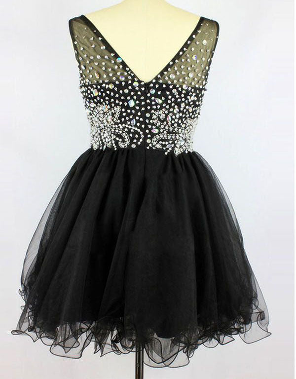 A-Line Deep V-Neck Sleeveless Short Black Beading Homecoming Dress