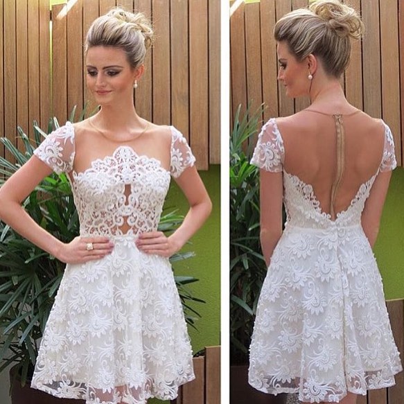 Princess/A-Line Jewel Short Sleeves White Lace Homecoming/Prom Dresses with Illusion Back