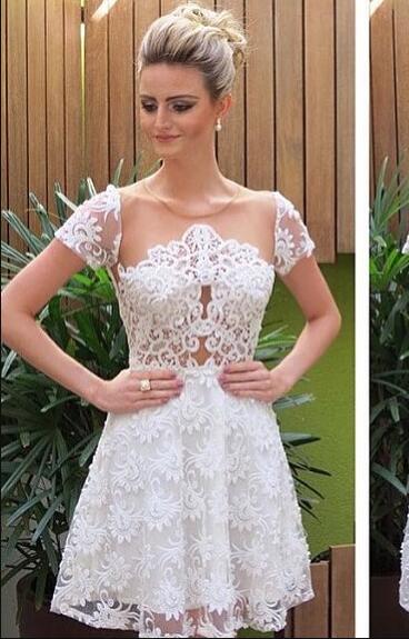 Princess/A-Line Jewel Short Sleeves White Lace Homecoming/Prom Dresses with Illusion Back