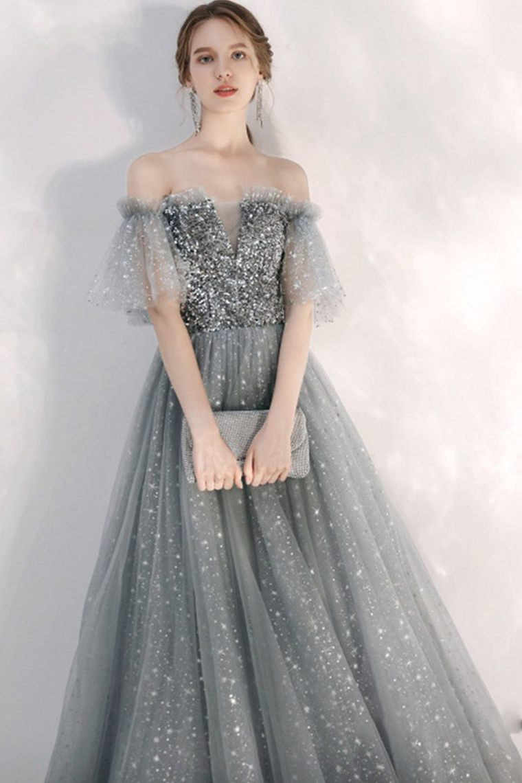 A-line Strapless Starlight Princess Grey Prom Dress Long Evening Dress