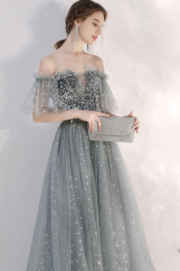 A-line Strapless Starlight Princess Grey Prom Dress Long Evening Dress