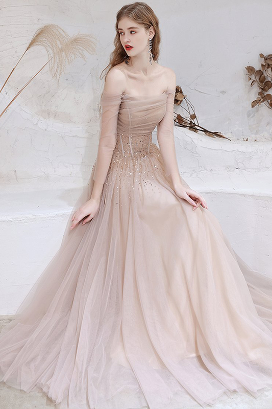 A-line Strapless Champagne Prom Dress Starlight Long Evening Dress