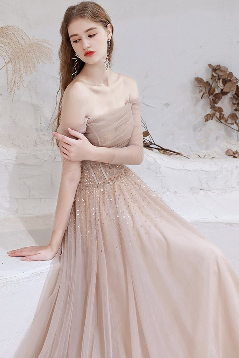 A-line Strapless Champagne Prom Dress Starlight Long Evening Dress