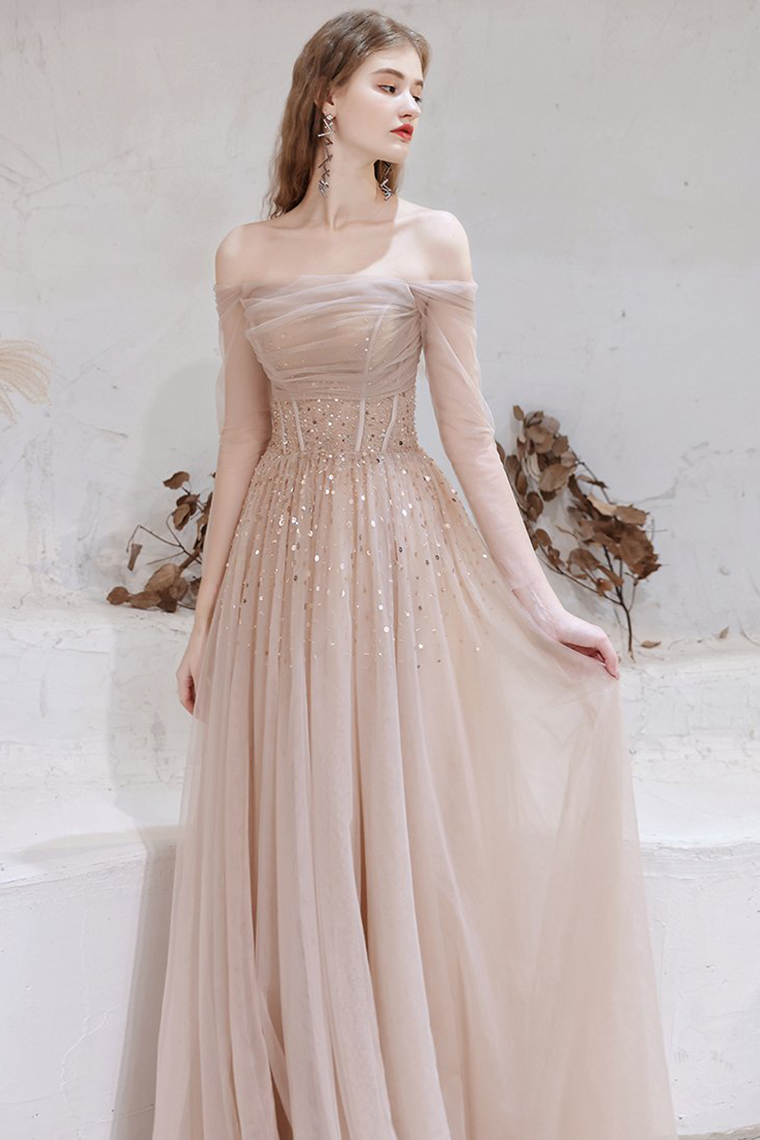 A-line Strapless Champagne Prom Dress Starlight Long Evening Dress