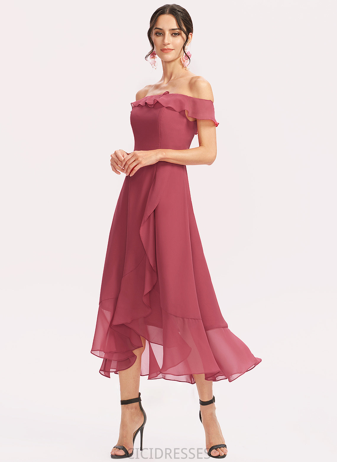 Off-the-Shoulder Tea-Length Neckline Fabric A-Line Embellishment Silhouette CascadingRuffles Length Lilyana Sleeveless Natural Waist Bridesmaid Dresses