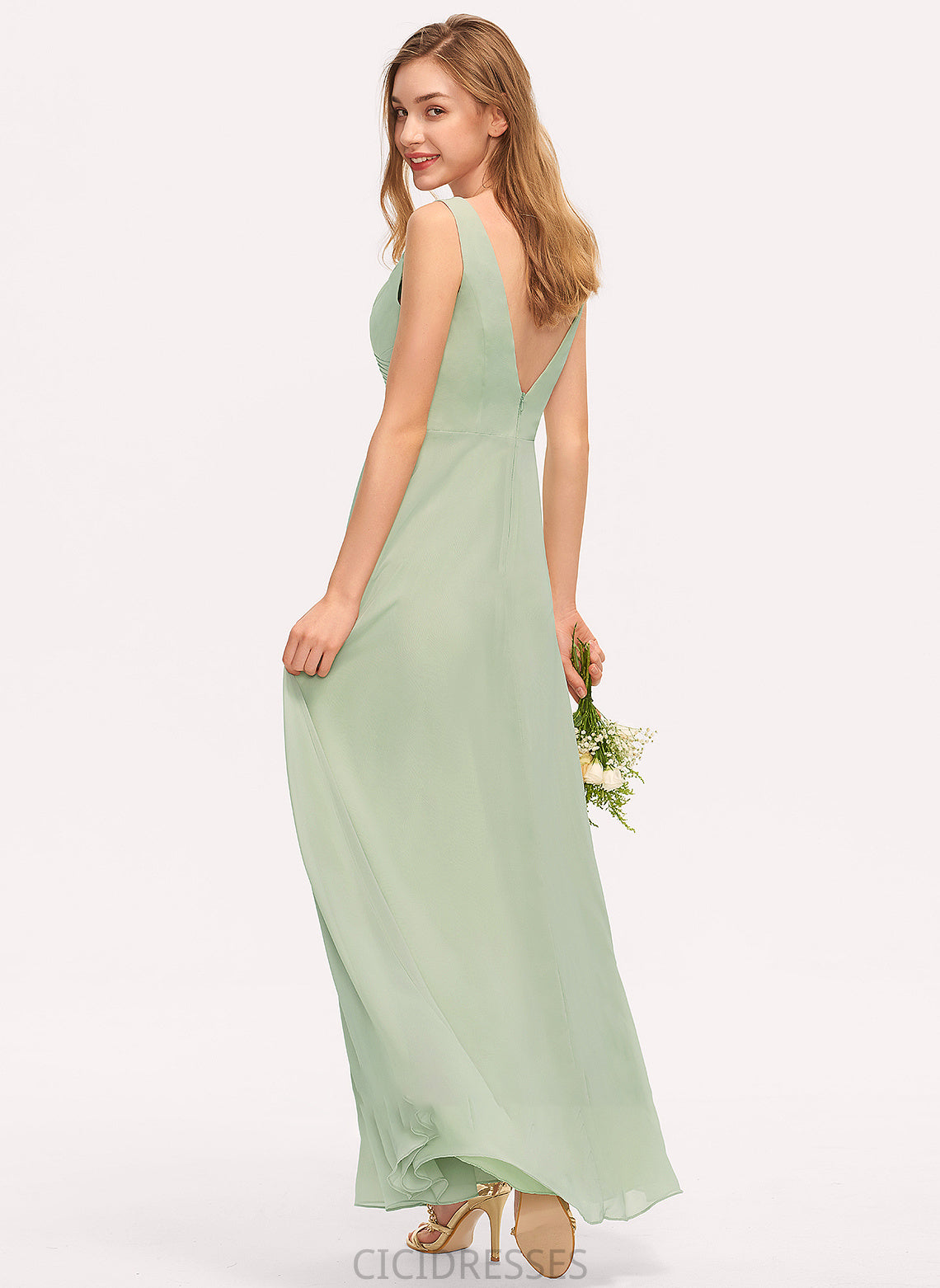 Length Ruffle Embellishment Neckline Floor-Length SplitFront Silhouette A-Line V-neck Fabric Nina Sleeveless Bridesmaid Dresses