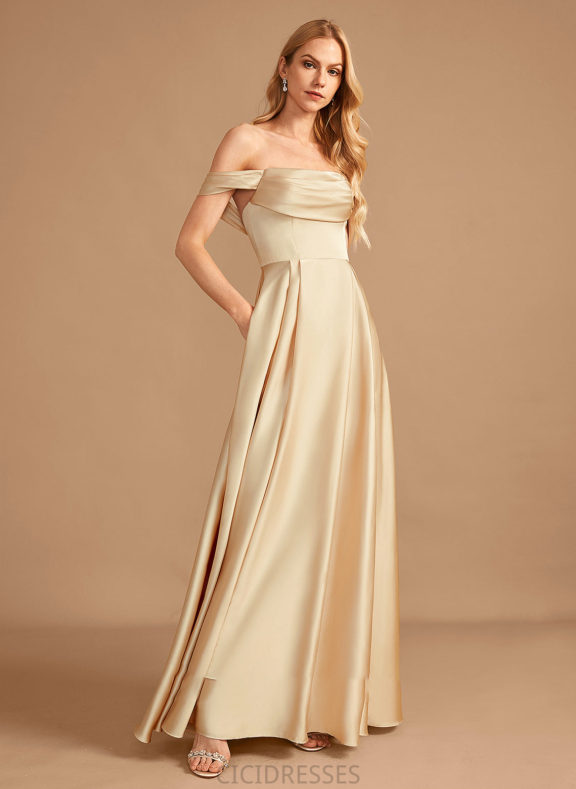 Neckline Off-the-Shoulder SplitFront Pockets A-Line Floor-Length Length Fabric Silhouette Embellishment Rubi Bridesmaid Dresses