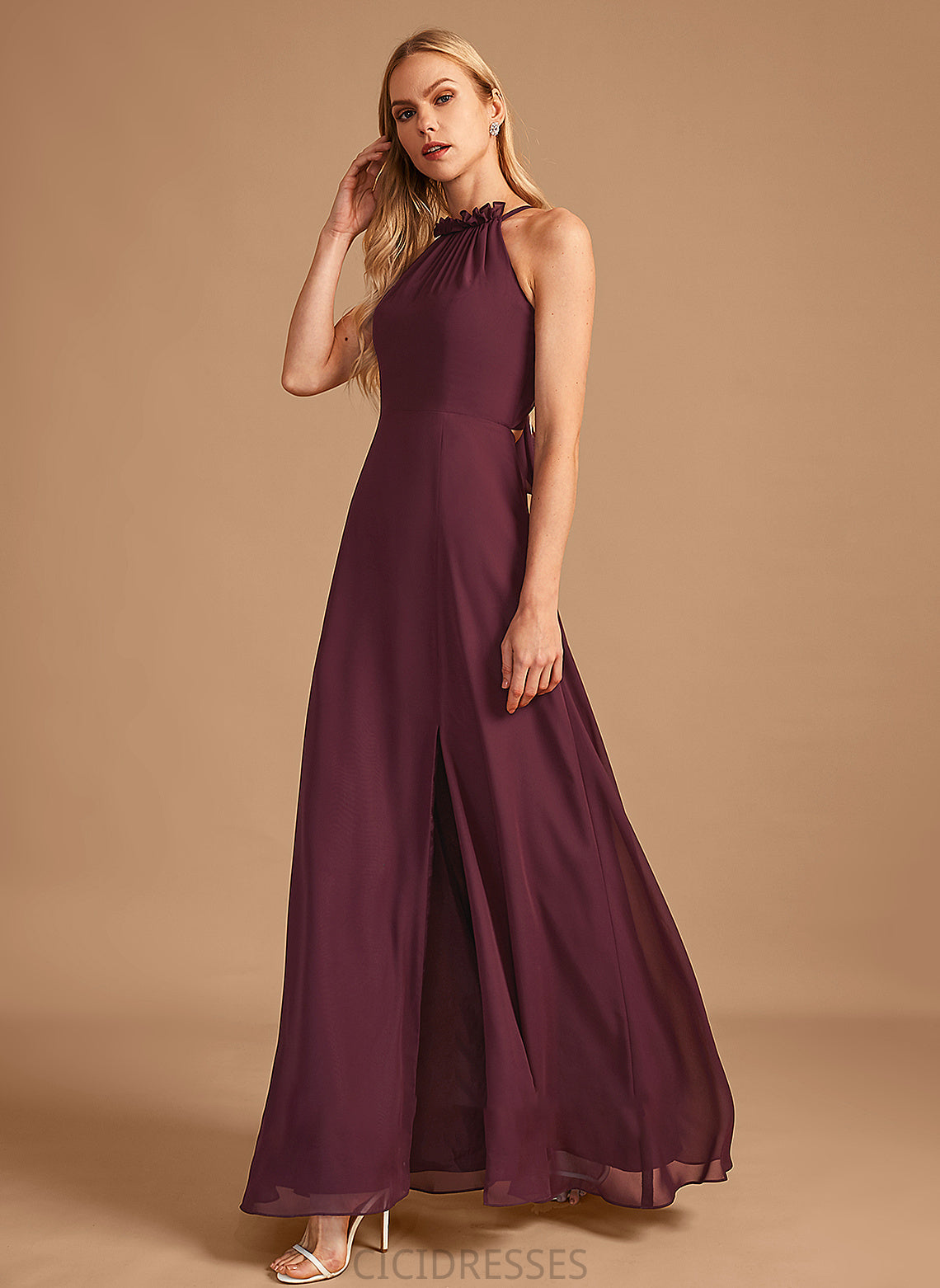 A-Line Embellishment SplitFront Neckline HighNeck Floor-Length Length Silhouette Fabric Imani Floor Length Satin Bridesmaid Dresses