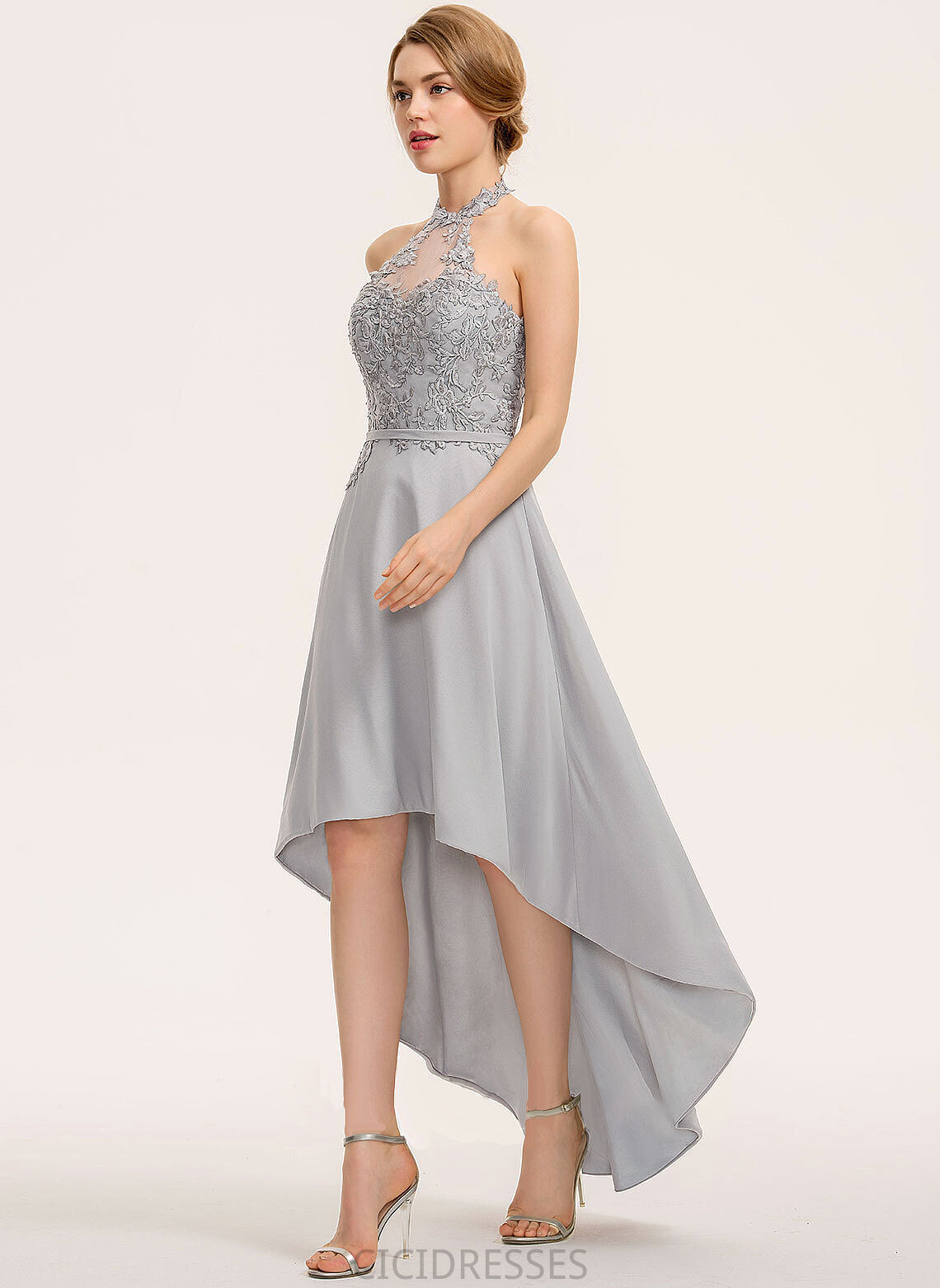 Fabric Asymmetrical Halter Lace A-Line Straps Length Silhouette Neckline Tina Sleeveless Floor Length Bridesmaid Dresses