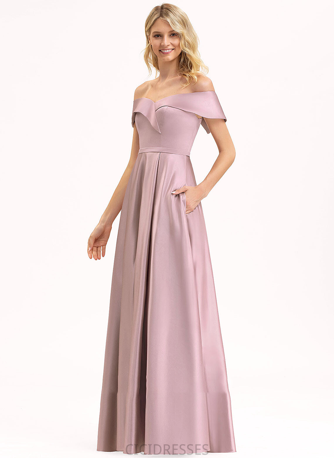 Neckline Embellishment A-Line Fabric Floor-Length Length Off-the-Shoulder Pockets Silhouette Addison Sleeveless Floor Length Bridesmaid Dresses