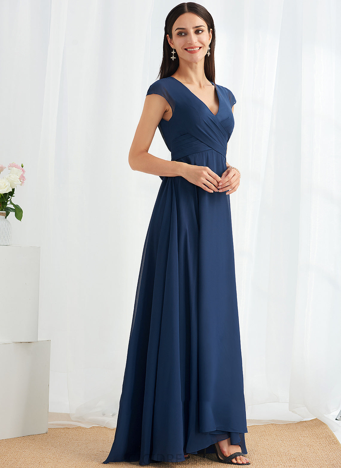 Silhouette A-Line Fabric Floor-Length Neckline Ruffle Embellishment Length V-neck Elizabeth Floor Length Sleeveless Bridesmaid Dresses