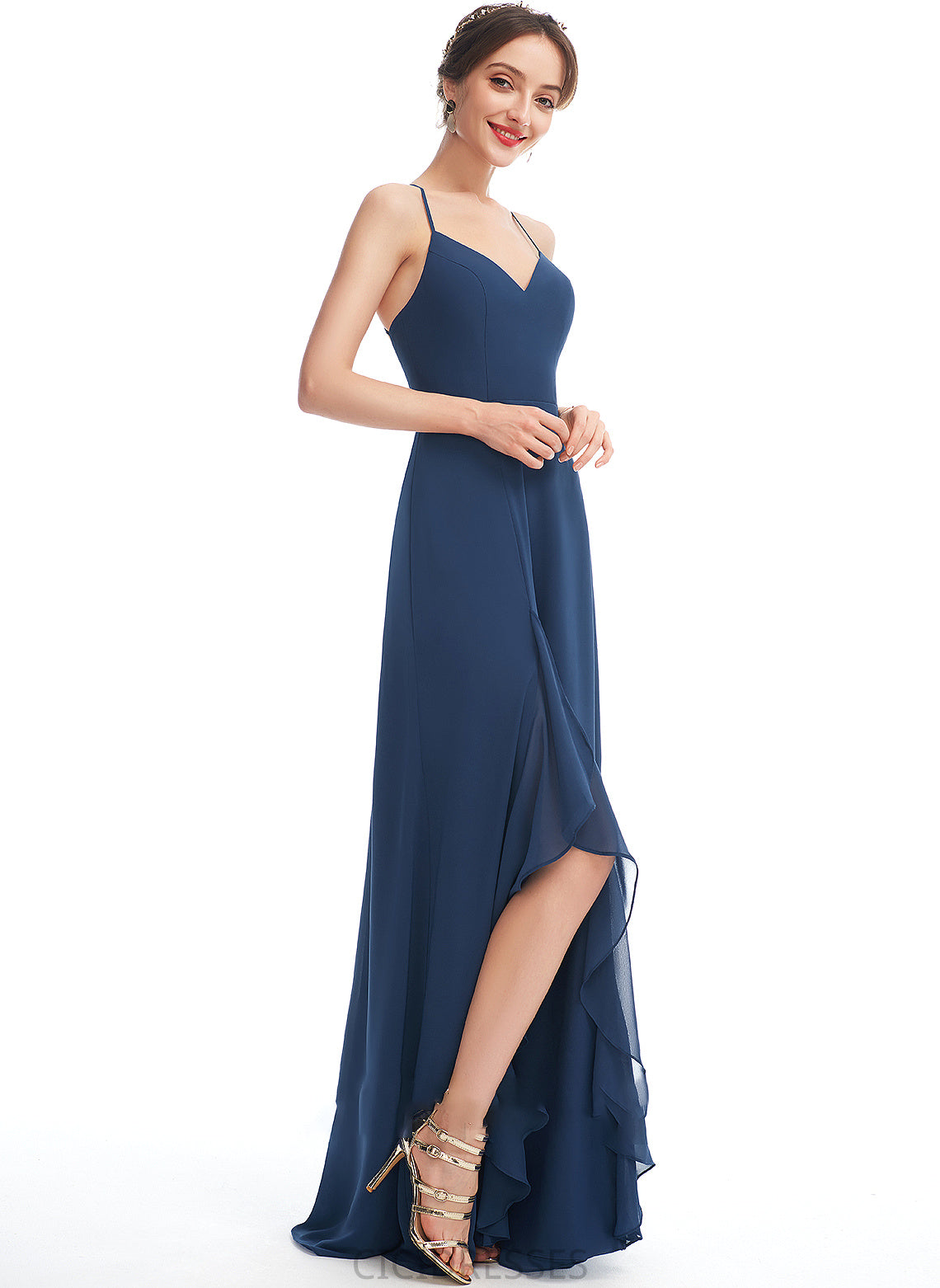 A-Line Embellishment V-neck Floor-Length Length Silhouette Fabric Neckline Ruffle SplitFront Kendall A-Line/Princess Bridesmaid Dresses