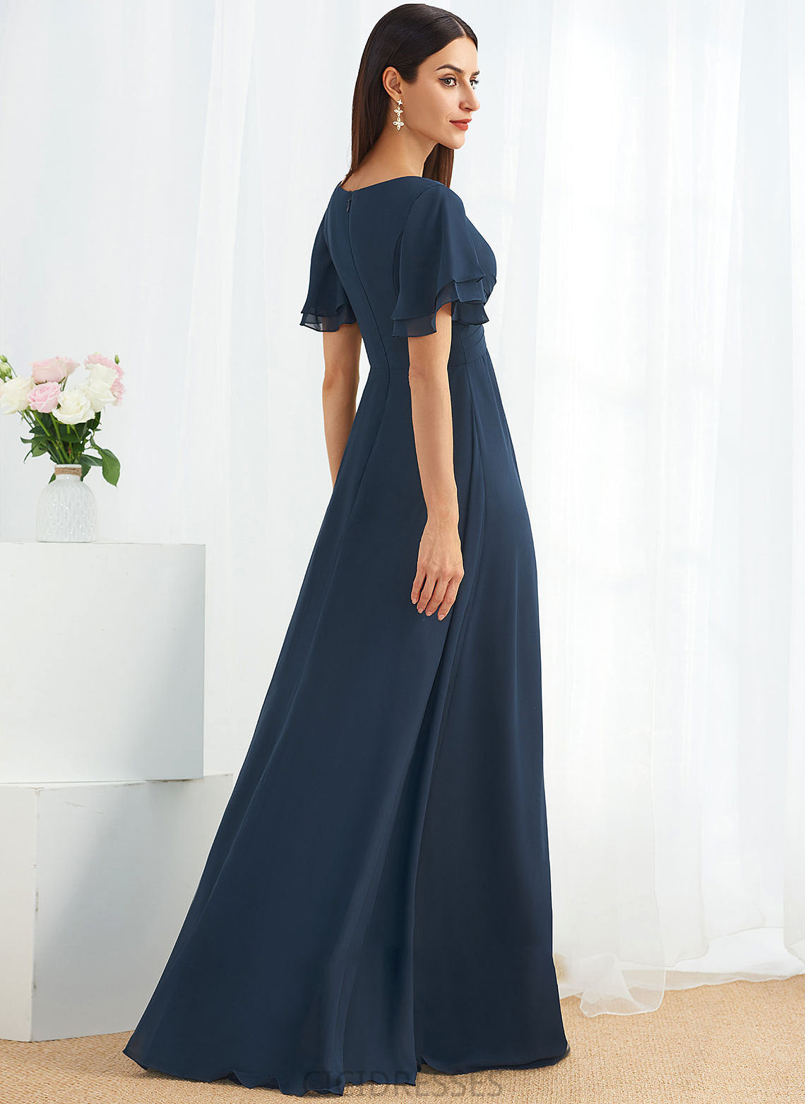 Silhouette A-Line Floor-Length Length Neckline V-neck SplitFront Fabric Embellishment Presley Spaghetti Staps Floor Length Bridesmaid Dresses