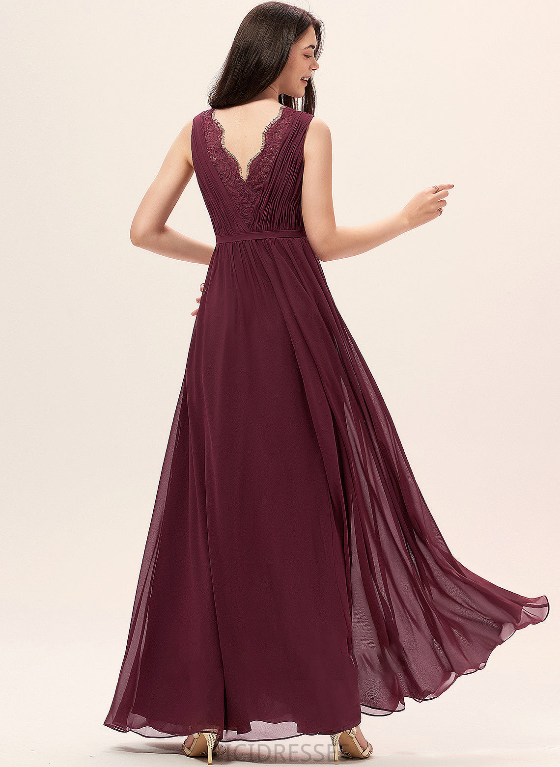 Silhouette Floor-Length Length Embellishment Fabric A-Line V-neck Ruffle Neckline Lace Ryan V-Neck Bridesmaid Dresses