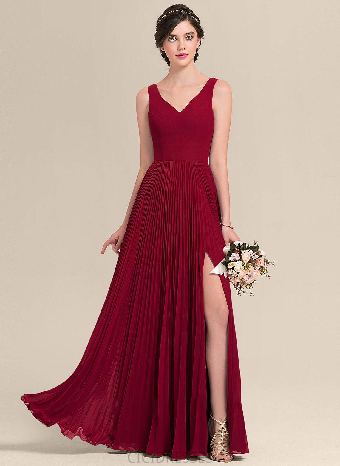 Pleated Neckline Length Silhouette Floor-Length Embellishment V-neck Fabric A-Line SplitFront Alissa Knee Length Bridesmaid Dresses