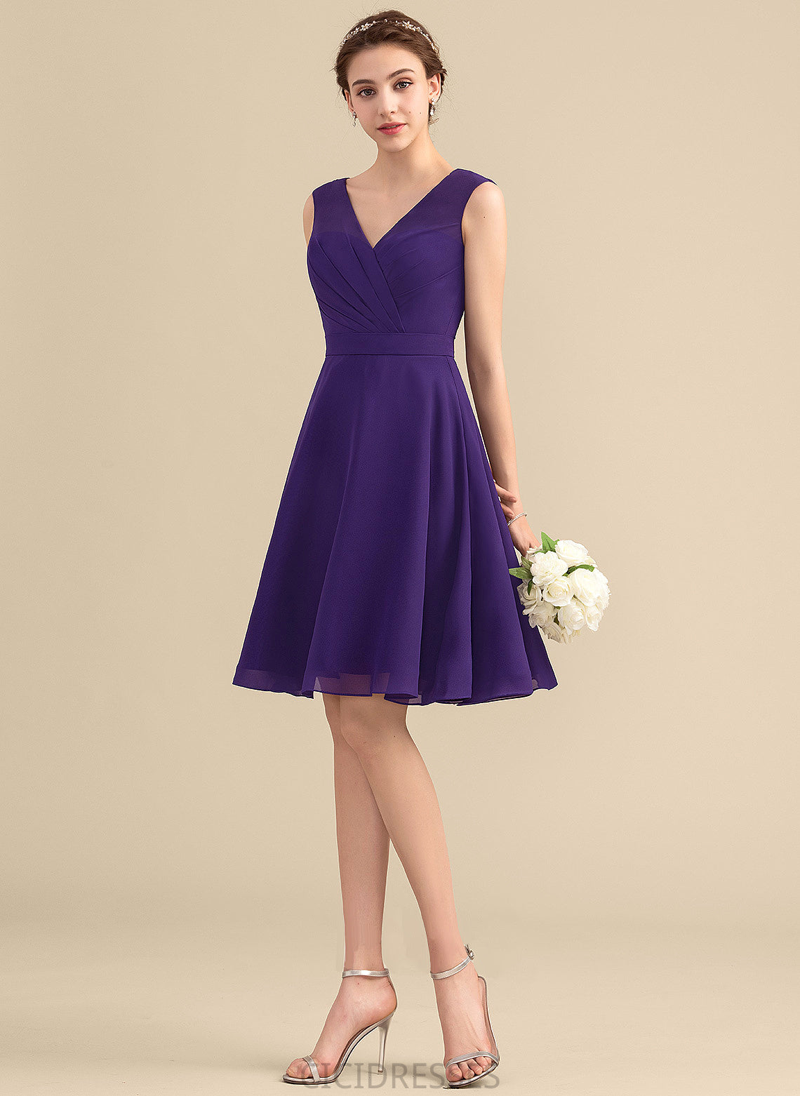 Ruffle A-Line V-neck Silhouette Knee-Length Fabric Embellishment Length Neckline Sue Sleeveless Spaghetti Staps Bridesmaid Dresses