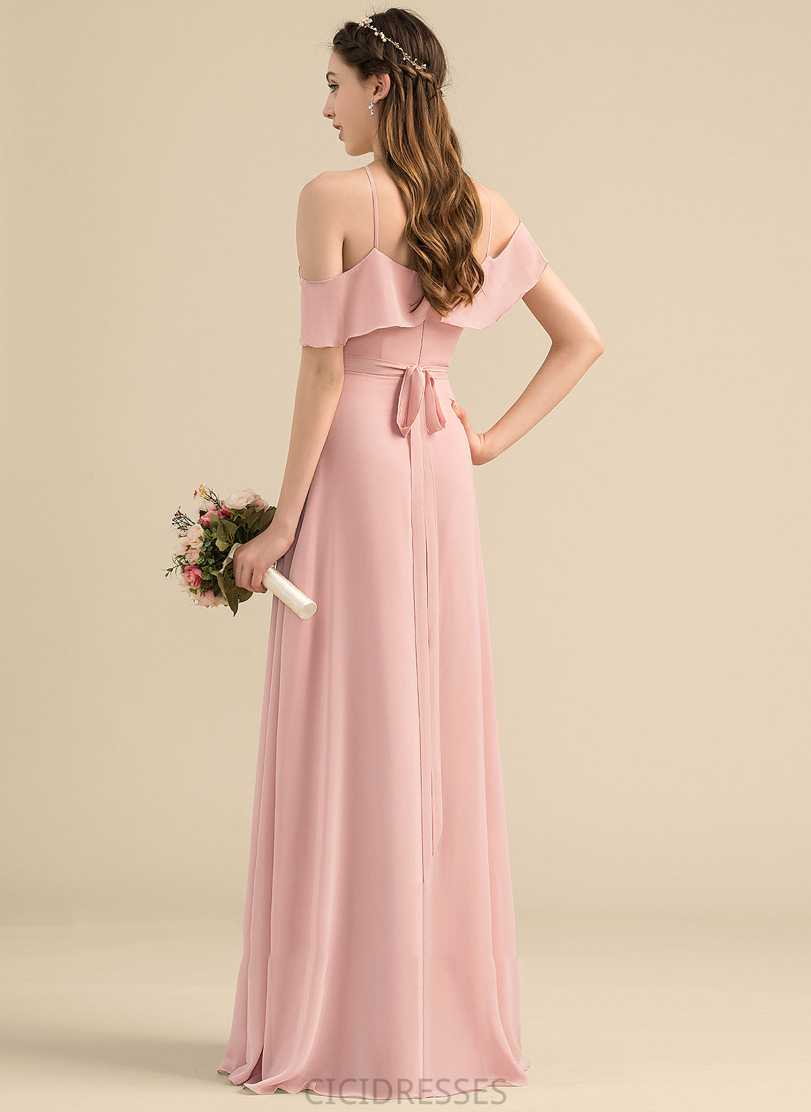 A-Line CascadingRuffles Floor-Length Embellishment Bow(s) Neckline V-neck Silhouette Fabric Length Lucinda Straps Bridesmaid Dresses