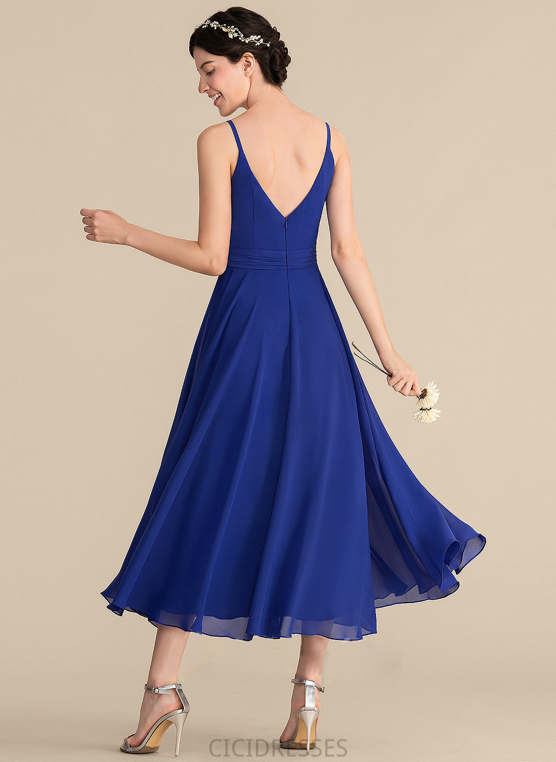 Ruffle Neckline Fabric Length Silhouette Embellishment A-Line Bow(s) Tea-Length V-neck Sonia A-Line/Princess Bridesmaid Dresses