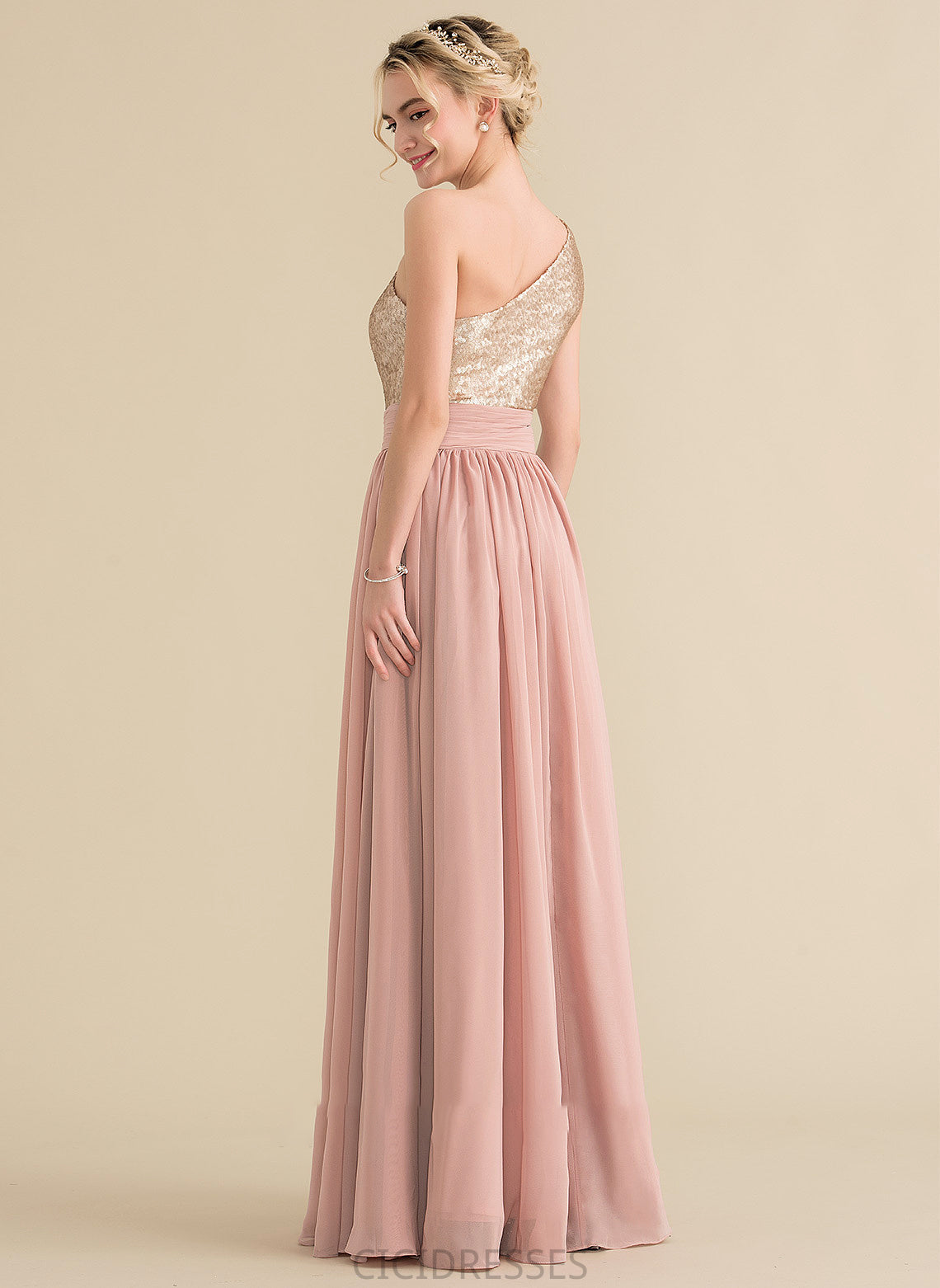 One-Shoulder Floor-Length A-Line Silhouette Length Sequined Neckline Straps Fabric Anna Sleeveless Scoop Bridesmaid Dresses