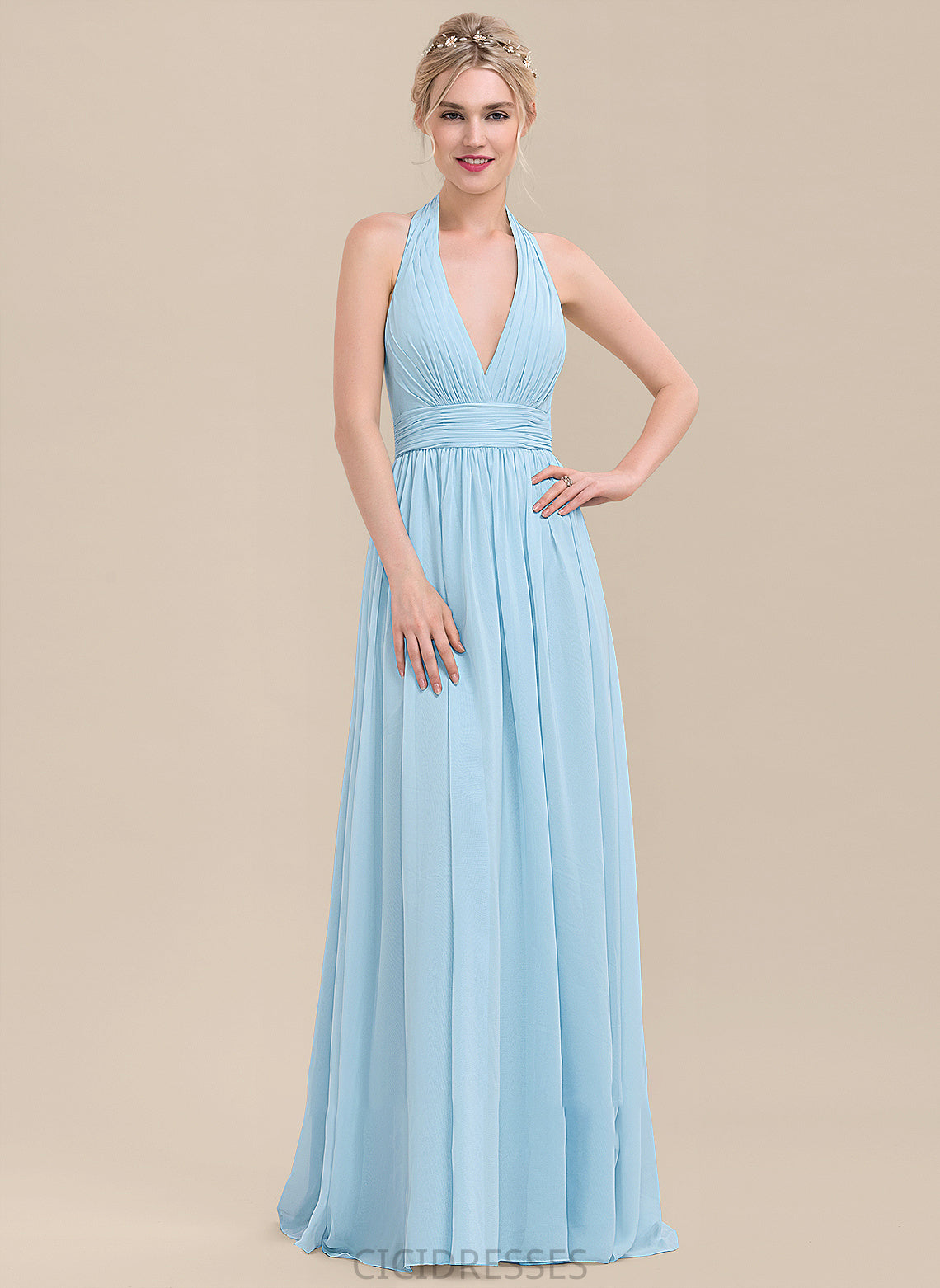 Floor-Length A-Line Embellishment Silhouette Length Halter Neckline Ruffle Fabric Gemma Natural Waist Sleeveless Bridesmaid Dresses