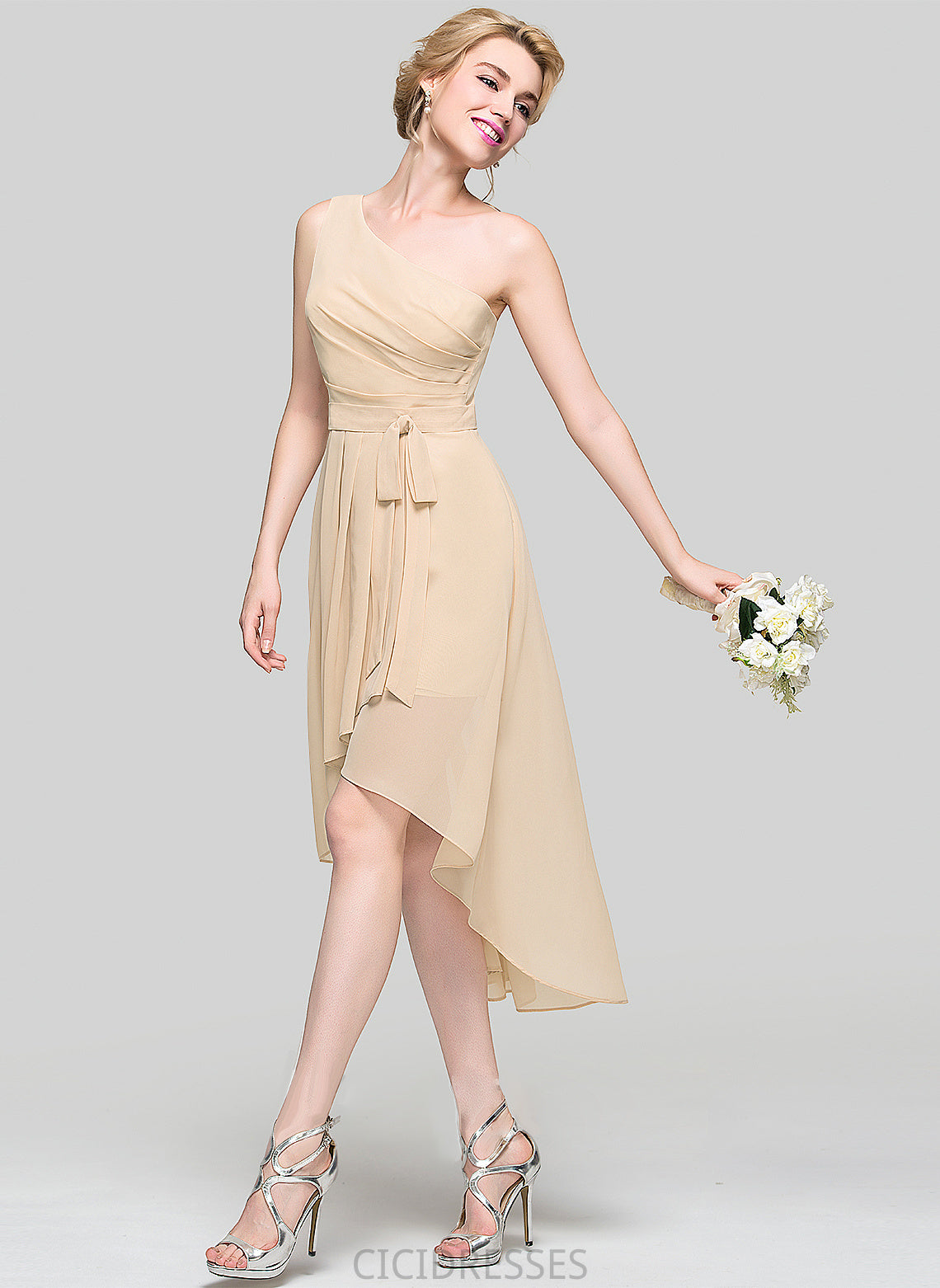 One-Shoulder Asymmetrical Length Bow(s) Ruffle Neckline Fabric CascadingRuffles A-Line Embellishment Silhouette Miriam Bridesmaid Dresses